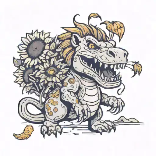 A lion in a T-rex outfit playfully interacting with sunflowers in a cartoon style tattoo design idea
