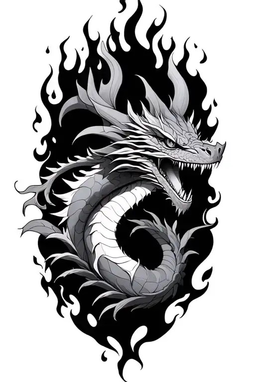 Orchid with toothless dragon mountains fire flames tattoo design idea