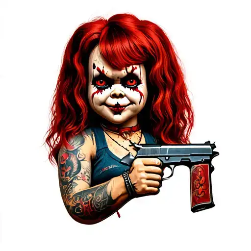 female Chucky with bang hairstyle holding a gun tattoo design idea