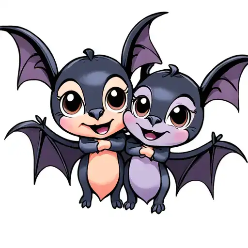 two cute disney looking female bats with big eyes that are hugging and have been best friends for years tattoo design idea