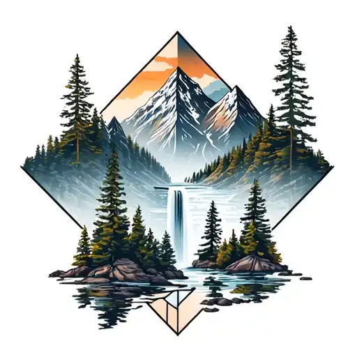 PNW, geometric, mountains, waterfall, and evergreen trees tattoo design idea