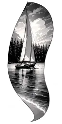 sail boat, beach, forest, ocean,  tattoo design idea