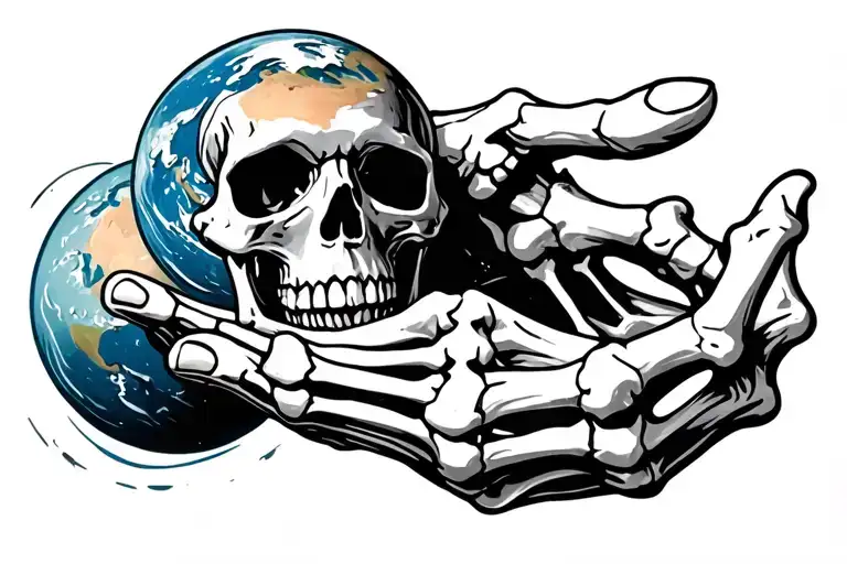 skelatal bones from hand holding planet earth tattoo design idea