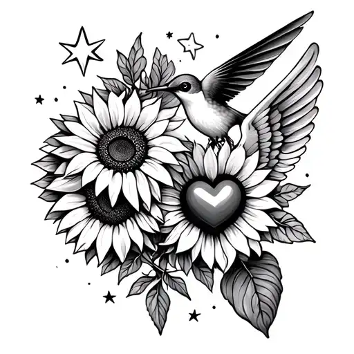 hummingbird sunflower and stars and heart with wings  tattoo design idea
