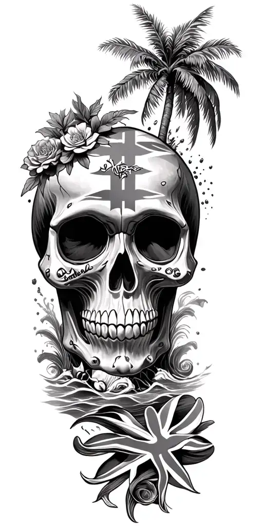 palm trees, sugar skull, British flag, ocean, wiskey, stingray tattoo design idea