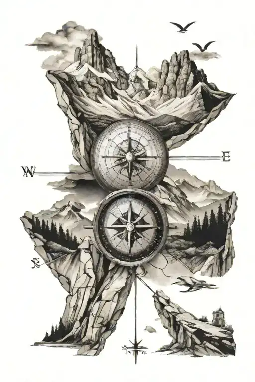 compass mountains with castle in the background tattoo design idea