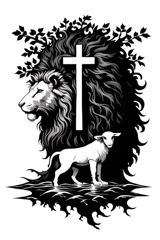 lamb in mane of lion on forearm lions mane become tree of life connection to cross on shoulder(on the side waters flow) tattoo design idea