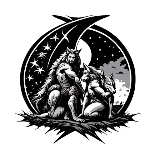 A wedge topped with a crescent moon and a warrior and a wolf kneeling side by side. tattoo design idea