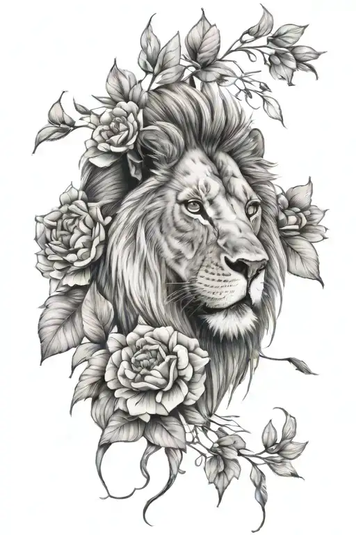 lion with blue eyes surrounded by flowers tattoo design idea