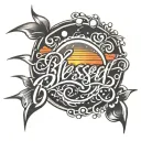 blessed in cursive bubble writing with sunset tattoo design idea