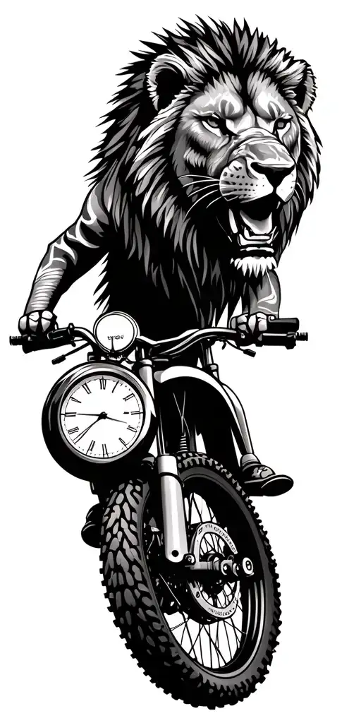 Dirt Bike in the mountains with a lions head and a pocketwatch tattoo design idea