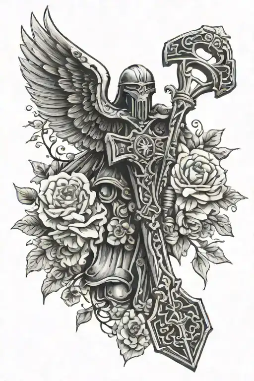 motorcycle, Thor's hammer, Nordic cross, angel, carnation flowers tattoo design idea