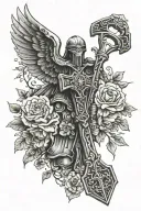 motorcycle, Thor's hammer, Nordic cross, angel, carnation flowers tattoo design idea