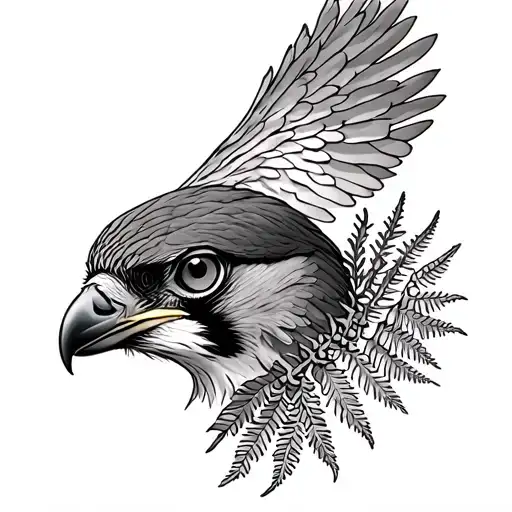 nz peregrine falcon face with kowhai & nz fern underneath the falcon head tattoo design idea