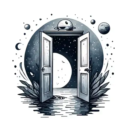 wimsicle outerspace tattoo, open door, water color. small and simple tattoo design idea