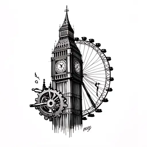 A detailed tattoo of Big Ben and the London Eye intertwined with gears and machinery tattoo design idea