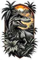 jurassic park style tattoo with a few plants and palms, a T-rex and the sky encased in amber tattoo design idea