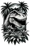 jurassic park style tattoo with a few plants and palms, a T-rex and the sky encased in amber tattoo design idea