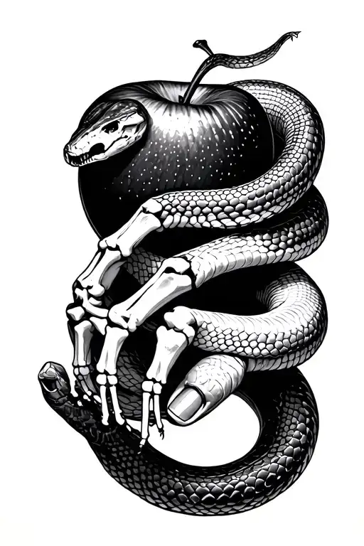 snake eating apple wrapped around hand thats turns into skeleton by the finger tips tattoo design idea