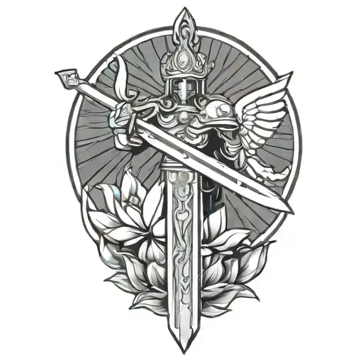 St. Michael's sword with a lotus flower blooming tattoo design idea