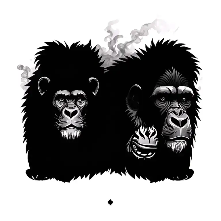 lion and gorilla with smokey jungle background tattoo design idea