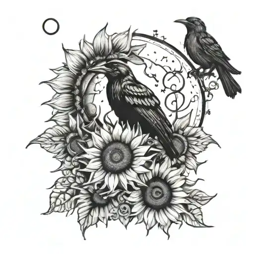 sunflower, crow, witchy, moon surrounded tattoo design idea
