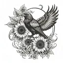 sunflower, crow, witchy, moon surrounded tattoo design idea