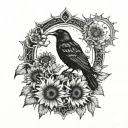 sunflower, crow, witchy, moon surrounded tattoo design idea