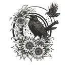 sunflower, crow, witchy, moon surrounded tattoo design idea