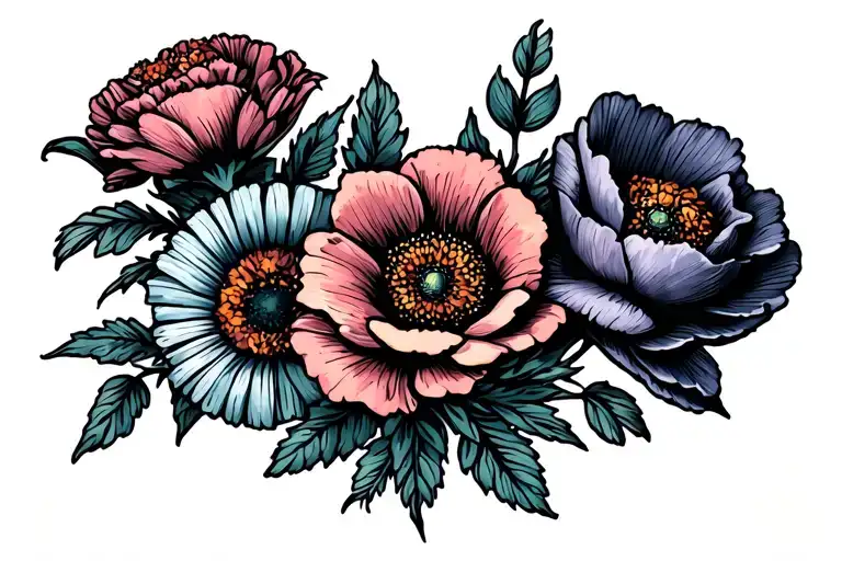 carnation, iris, daisy, rose, poppy, marigold & peony flowers tattoo design idea