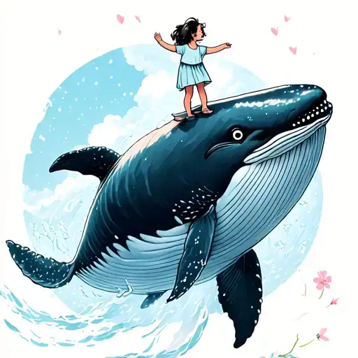 This illustration is full of dreamy and surreal atmosphere. In the picture, a huge whale is flying in the sky. The whale's body is dark blue and its tail is gently swinging, as if it is swimming in the air. A little girl in light-colored clothes stands on the back of the whale. She opens her arms and seems to enjoy this wonderful flying experience. The background is a blue sky with bright sunshine and a few pink flowers. tattoo design idea