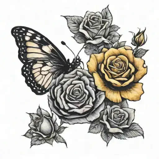 tortise shell butterfly yellow roses tattoo design idea
