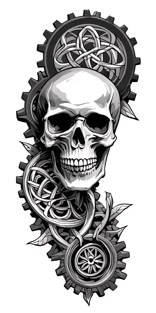 geometric Celtic gears skull angled death  tattoo design idea