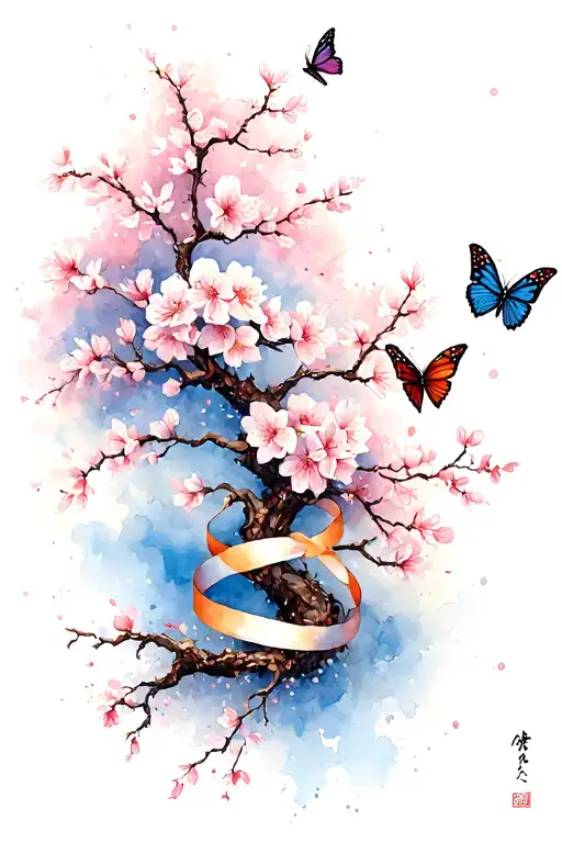 Japanese cherry blossom tree intertwined with butterflies and ribbons tattoo design idea