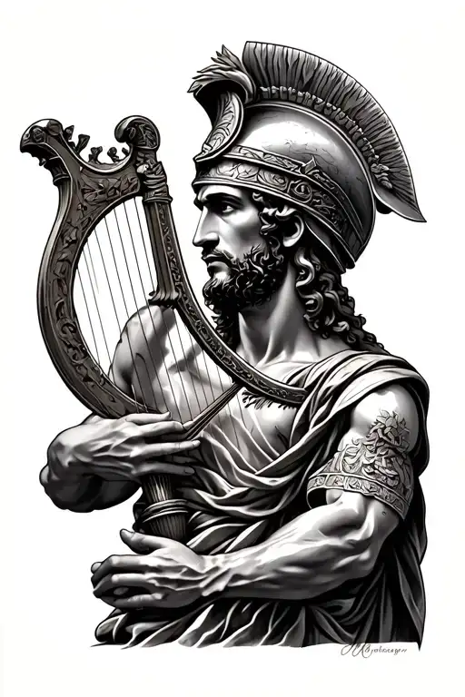 realism style on the outer forearm of Greek god Apollo Wearing a warrior helmet playing the lyre  tattoo design idea