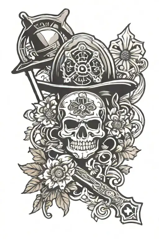 daisy flower, ace of spades card, firefighter helmet resting, 2300, Aquarius, scissors tattoo design idea
