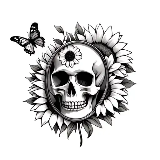 skull with a butterfly on forehead surrounded by sunflowers in a antique mirror tattoo design idea