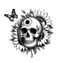 skull with a butterfly on forehead surrounded by sunflowers in a antique mirror tattoo design idea