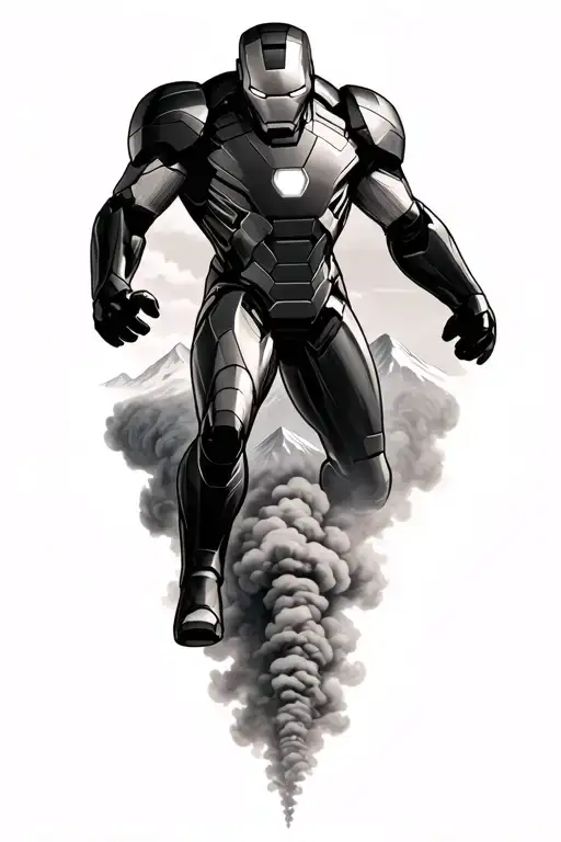 “Iron Man ascending in black & grey, smoke below feet, Alps in background, bib 1172 on arm, vertical tattoo tattoo design idea