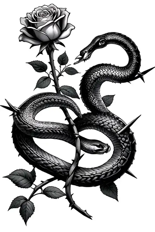 barbed wire rose with snake  tattoo design idea
