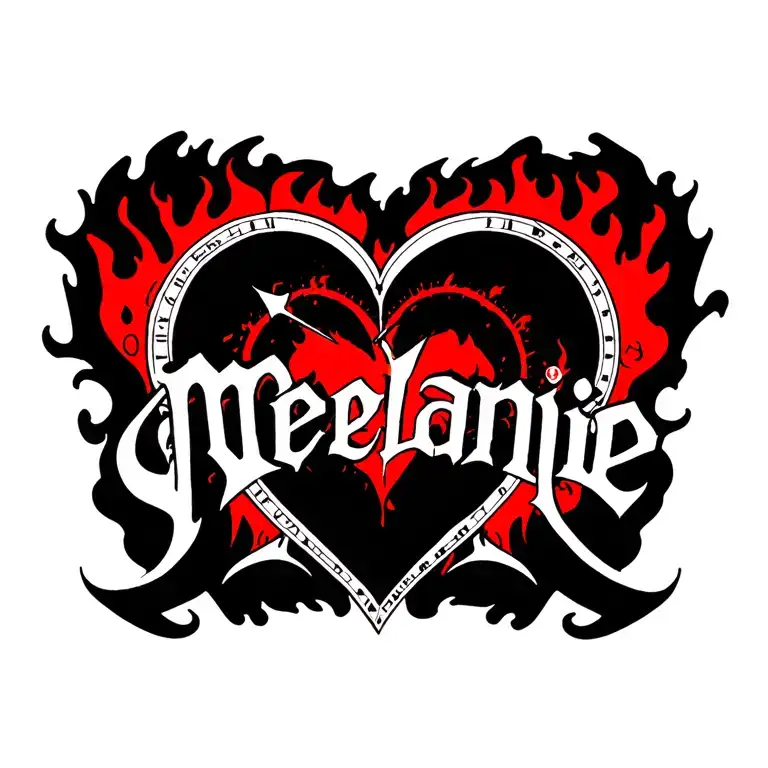 "Mélanie" clock heart in flame tattoo design idea