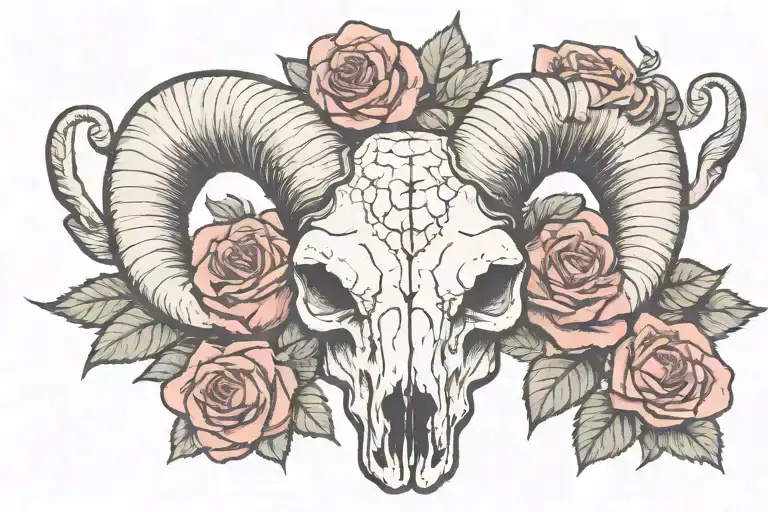 big horn ram skull with large cracked and damaged horns, crown of dying red roses on its head tattoo design idea