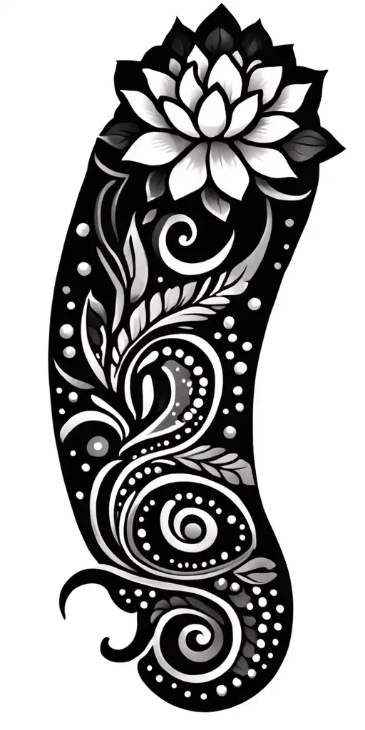 dot work and mandala design incorporating lotus flower with swirls and paisley patterns tattoo design idea