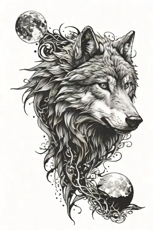 intricate, detail full arm sleeve tattoo that goes to chest, wolf with a moon behind him and another animal on forearm tattoo design idea