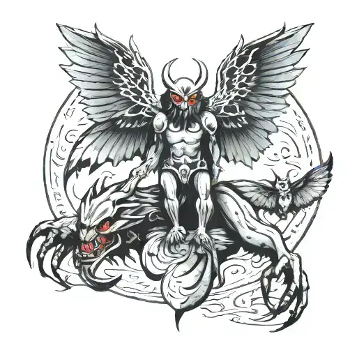 mothman and wendigo and big foot sleeve tattoo tattoo design idea