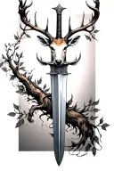 very thin swords wrapped  with deer head handle small leaves running vines tattoo design idea