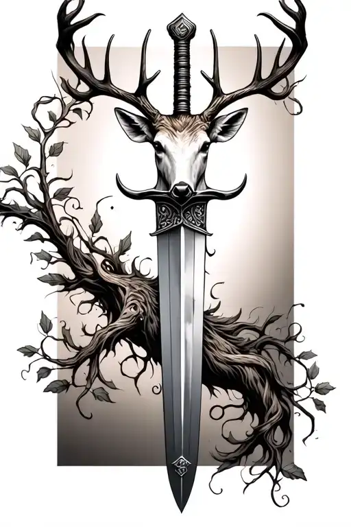 very thin swords wrapped  with deer head handle small leaves running vines tattoo design idea