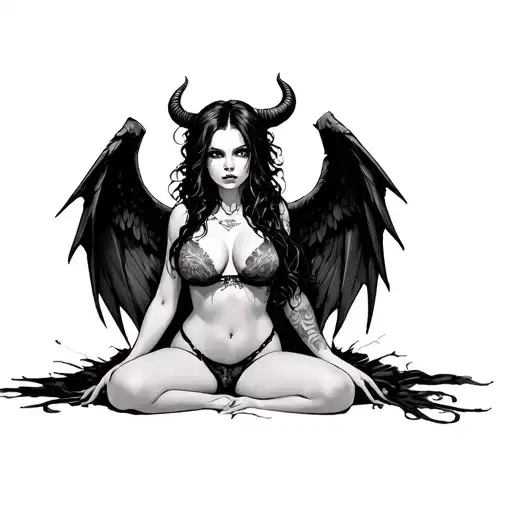 Sexy Pale Girl, Petite, Big Boobs, Wide Hips, G-String, Messy Dark Hair, Demonic Horns, Demonic Wings, Sitting on Knees tattoo design idea