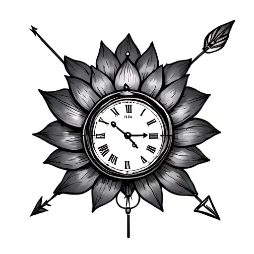 a men's tattoo on the forearms with a clock with arrows for hands points at 12:14 and a lotus flower  tattoo design idea