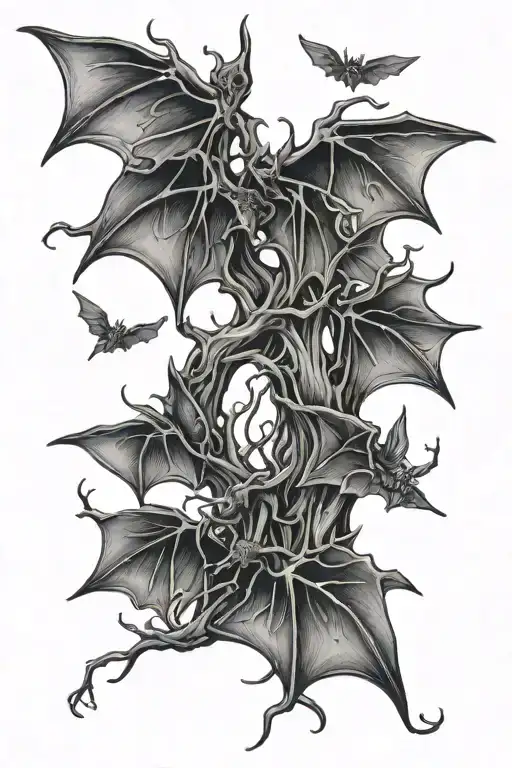 poison tree intertwined bats flying tattoo design idea